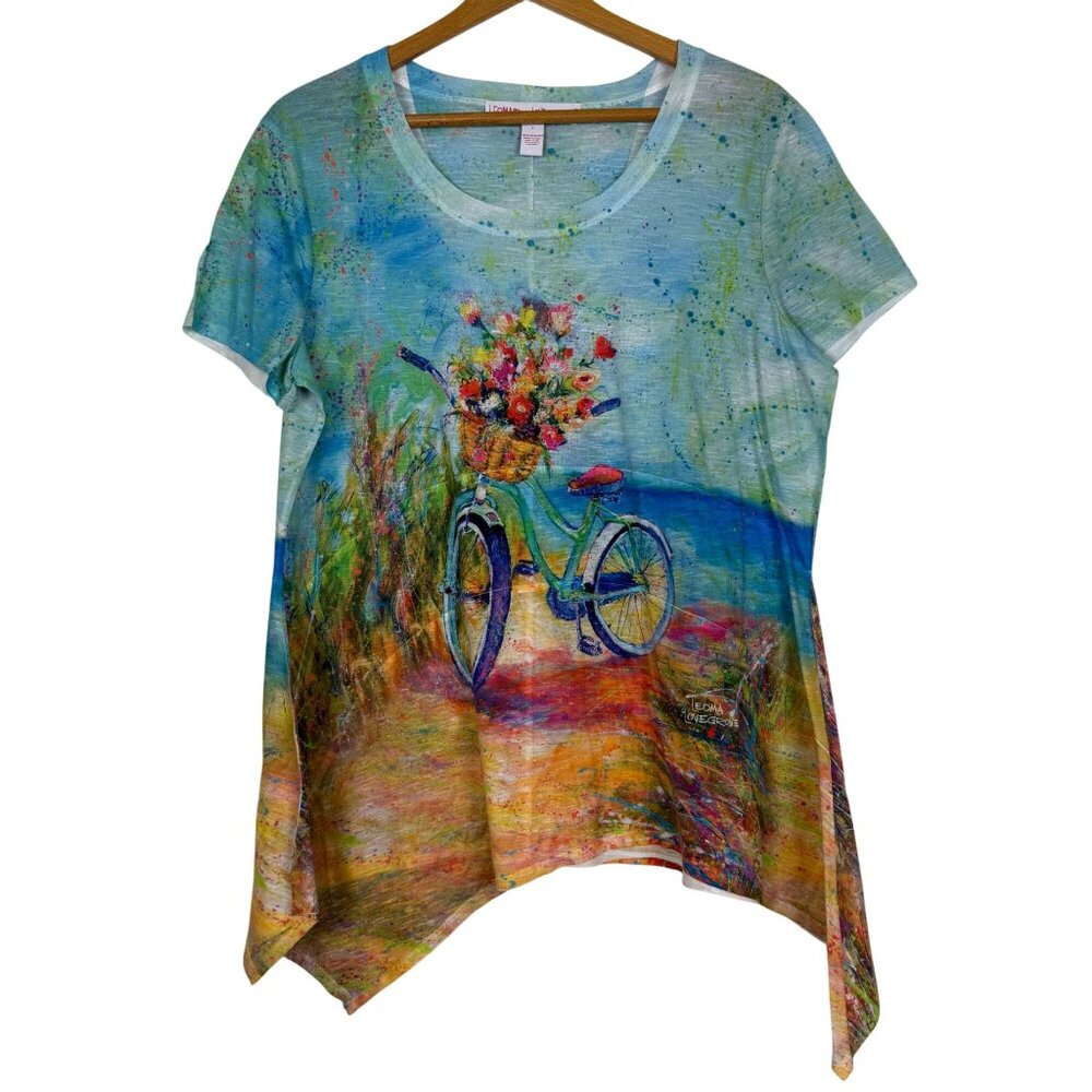 Leoma Lovegrove Bicycle Floral Print Top Sz Large Asymmetrical Hem Short Sleeve
